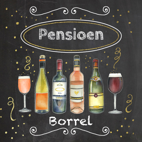 Uitnodiging pensioenborrel met afbeeldingen verschillende flessen wijn