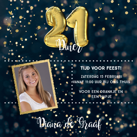 21 diner verjaardagsuitnodiging met goud en confetti
