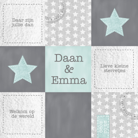 Geboortekaartje sterren vakjes tweeling mint