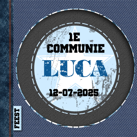 Stoere uitnodigingskaart denim voor 1e communie jongen met armyprint