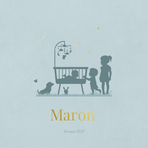 Geboortekaartje 3de kindje broertje in ledikant met familie en hondje