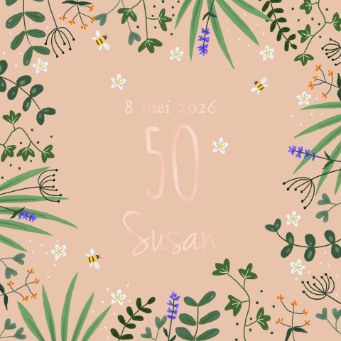 Uitnodigingskaart 50 jaar met bladeren en bloemen