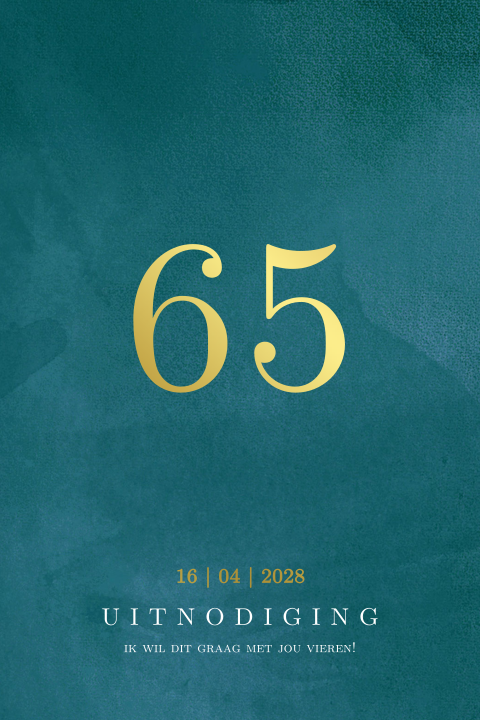 Moderne uitnodiging 65e verjaardag blauw groen met goudfolie