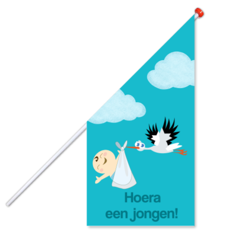 Geboortevlag hoera een jongen met ooievaar blauw