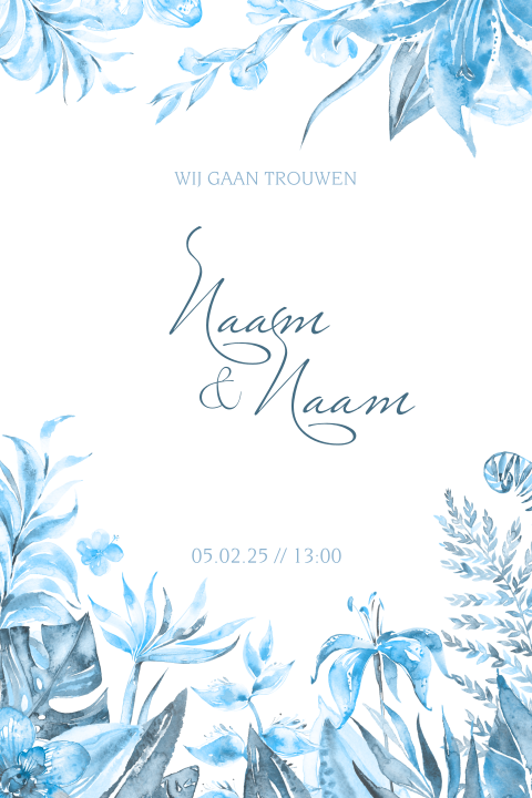 Trouwkaarten tropische bloemen blauw en sierlijk lettertype