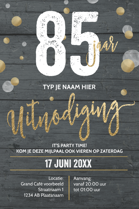 Luxe 85 jaar uitnodigingen verjaardag grijs goud typografie