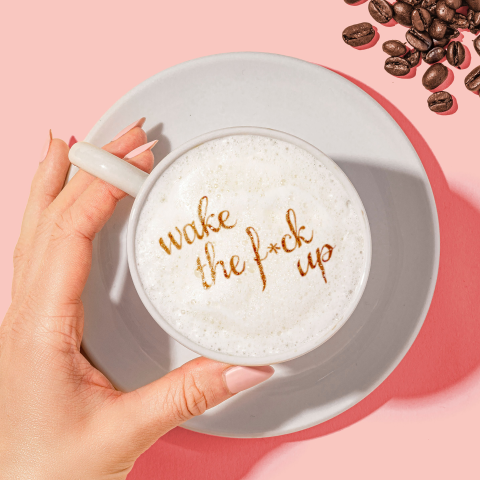 Grappige quote kaart zomaar wake the fck up koffie