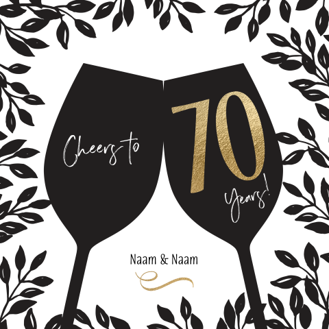 Uitnodiging 70-jarig jubileum silhouette zwart wit cheers
