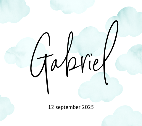 Geboortekaartje wolkjes waterverf Belgisch vierkant