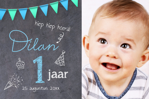 Baby 1 jaar uitnodiging met foto krijtbord