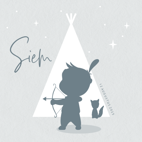 Geboortekaartje silhouetten indiaantje wigwam