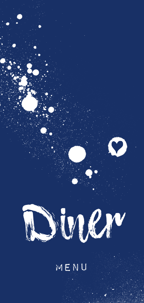 Menukaart bruiloft donker blauw spetters