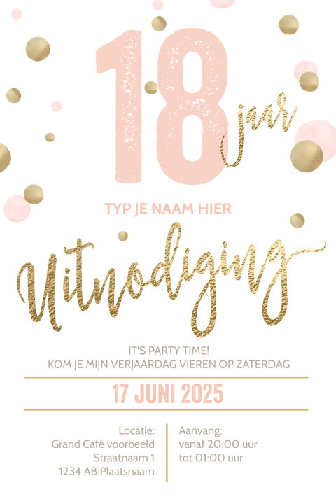 Luxe verjaardag uitnodiging 18 jaar wit en goud