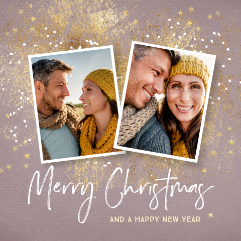 Lieve foto kerstkaarten gouden glitters en roze