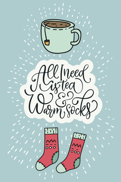 Kerstkaart met winter sokken en thee mok met quote