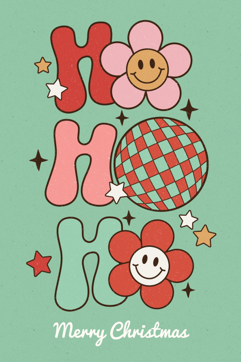 Vrolijke kerstkaart ho ho ho disco bloemen