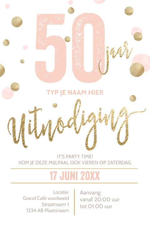 Luxe verjaardag uitnodiging 50 jaar goud wit