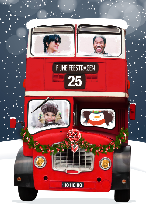 Leuke grappige kerstkaart eigen foto's in een auto bus