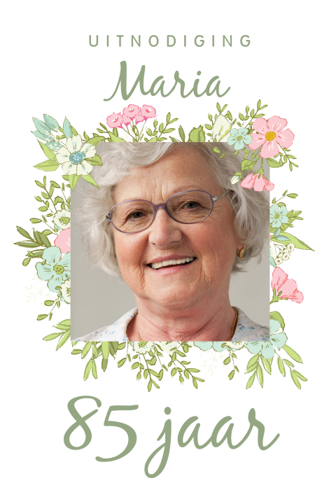 Uitnodiging 85 jaar met bloemen en foto