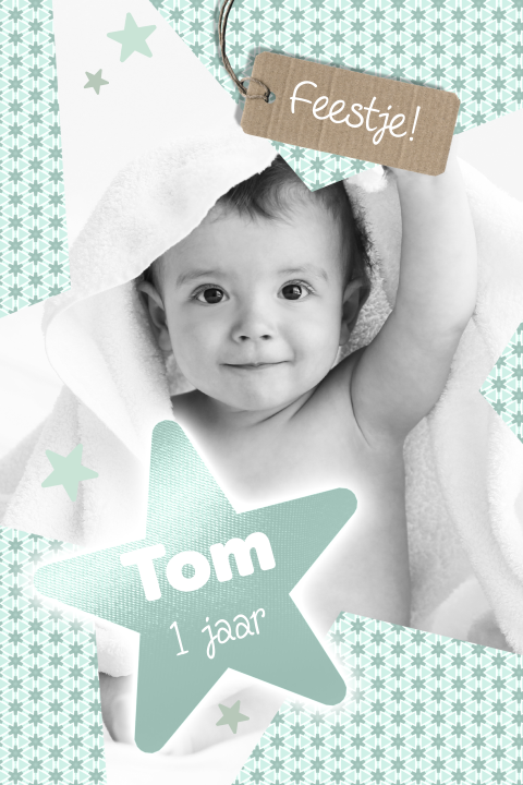 Hippe uitnodiging baby 1 jaar verjaardag jongen foto mint