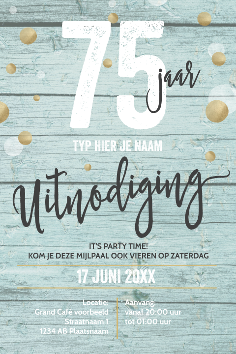 Uitnodiging 75 jaar verjaardag uitnodigingskaarten mint hout