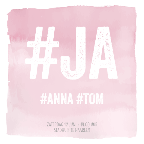 Hippe aquarel trouwkaart uitnodiging roze hashtags