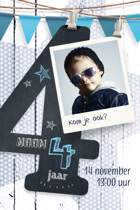 Uitnodigingskaart 4 jaar kinderfeestje jongen foto