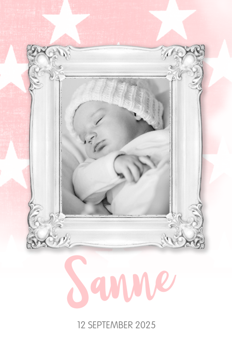 Geboortekaartje met foto sterren pastel roze