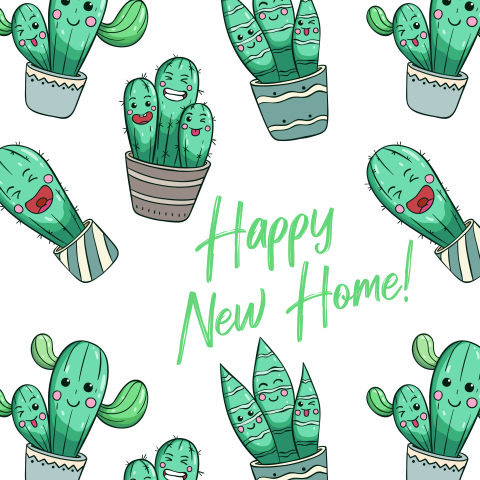 Nieuwe woning kaart met vrolijke cactussen