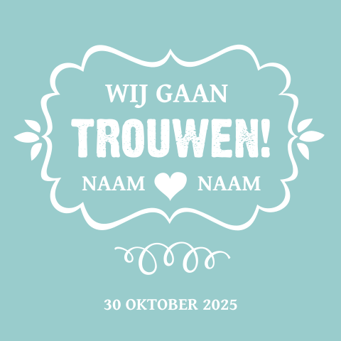 Hip mint blauwe trouwkaart typografie