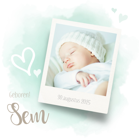 Pastel mint groen geboortekaartje met foto aquarel