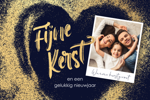 Chique foto kerstkaart met groot hart en goud stof