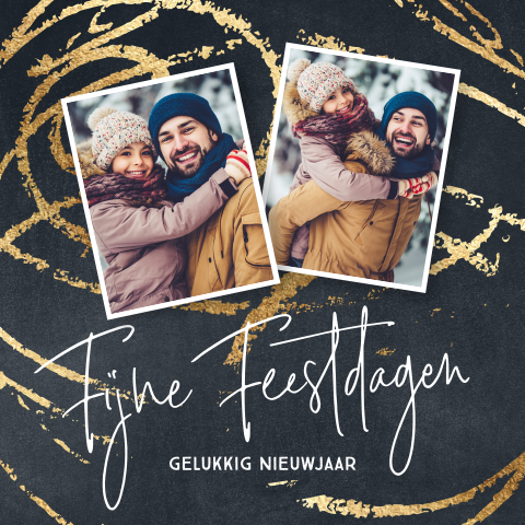 Luxe kerstkaarten met twee kerst foto's en sierlijke goud effecten