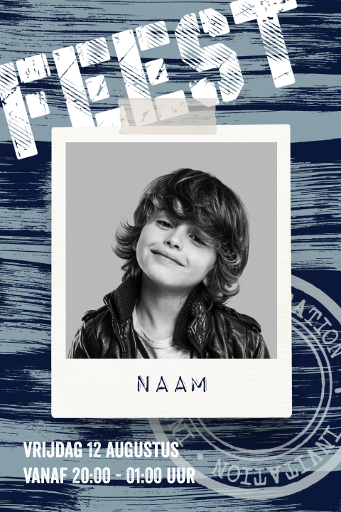 Uitnodiging verjaardag kinderfeestje blauw label foto
