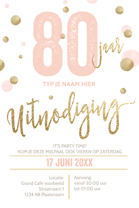 Luxe verjaardag uitnodigingen 80 jaar wit goud typografie