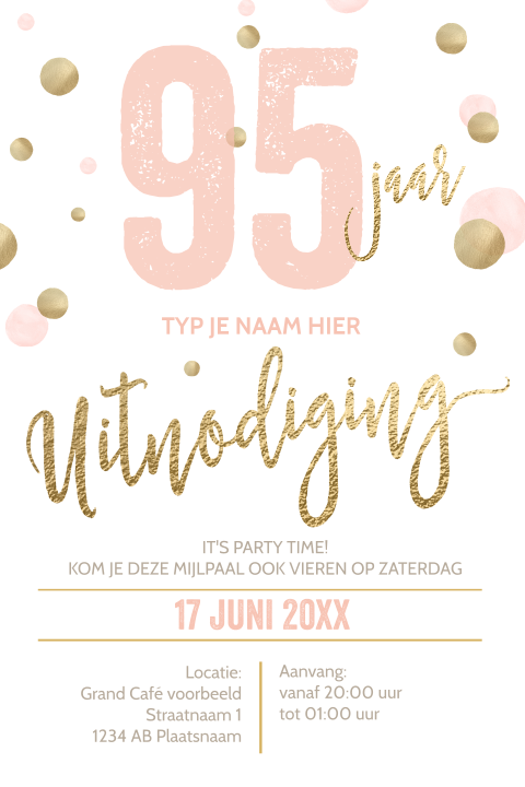 Luxe verjaardag uitnodigingen 95 jaar wit goud zalm roze