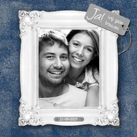 Stoere trouwkaart donkerblauw trendy foto