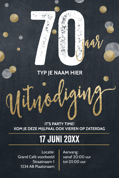 Luxe uitnodiging 70 jaar verjaardag goud krijtbord