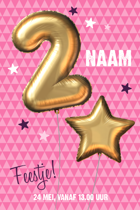 Vrolijke uitnodiging meisje 2 jaar gouden ballon