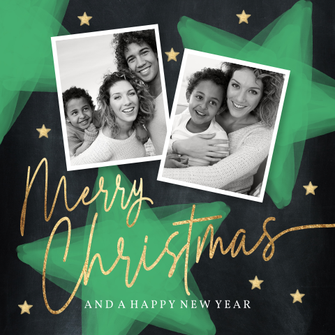 Originele kerstkaart met twee foto's groene sterren