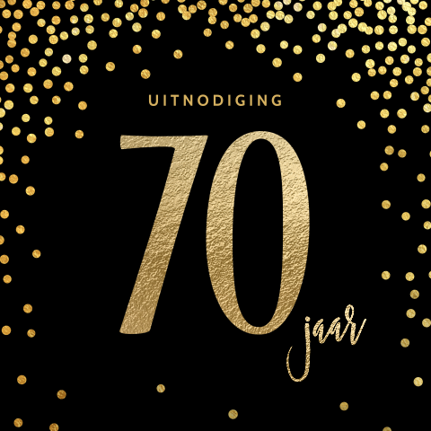 Elegante uitnodiging 70 jaar verjaardag gouden confetti zwart