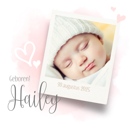 Geboortekaartje aquarel foto meisje Belgisch vierkant