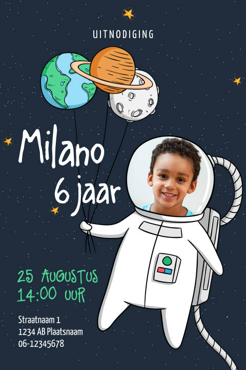 Uitnodiging kinderfeestje jongen ruimte met eigen foto