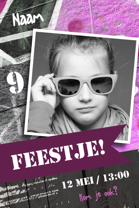 Hippe stoere uitnodiging kinderfeestje meisje foto roze