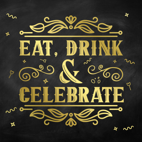 Uitnodiging verjaardag feest eat drink celebrate foliedruk