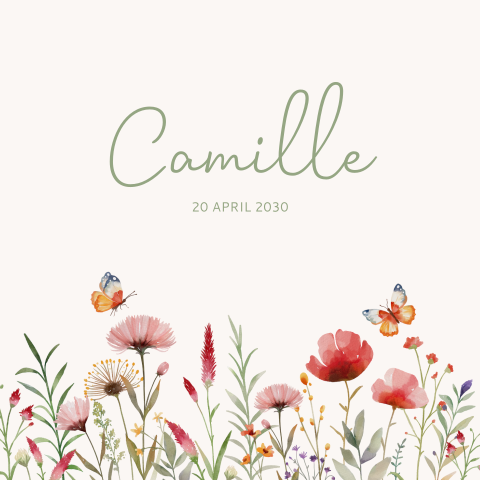 Schattig geboortekaartje meisje bloemen en vlinders