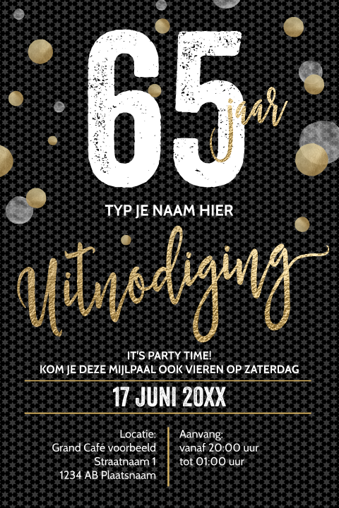 Verjaardag uitnodigingskaart 65 jaar gouden letters