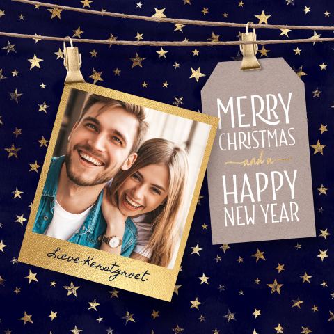 Feestelijke kerstkaarten met foto en sterren goud blauw