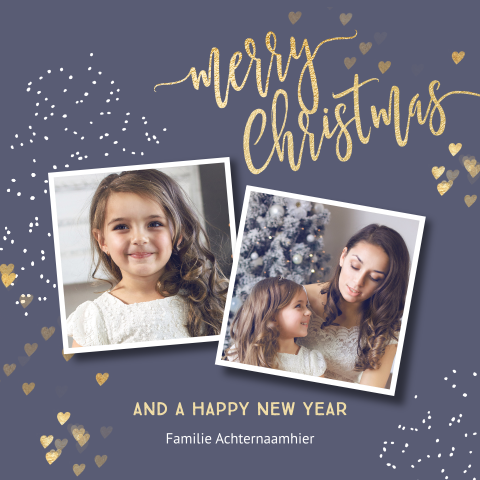 Hippe kerstkaart met twee foto's en lieve hartjes