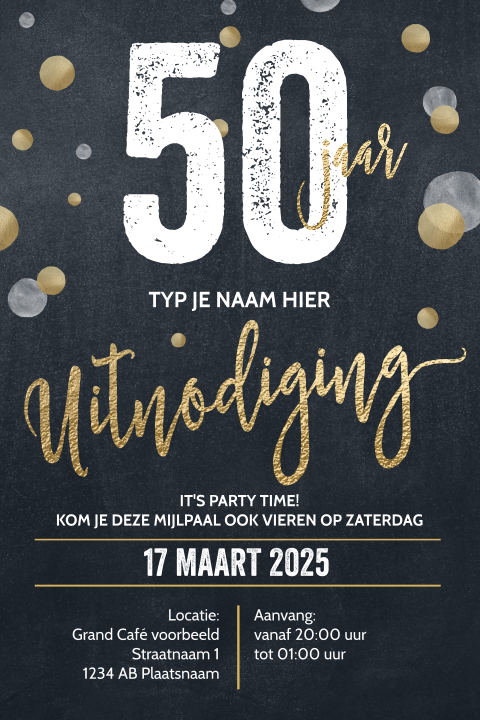 Luxe uitnodigingskaart verjaardag gouden letters krijtbord